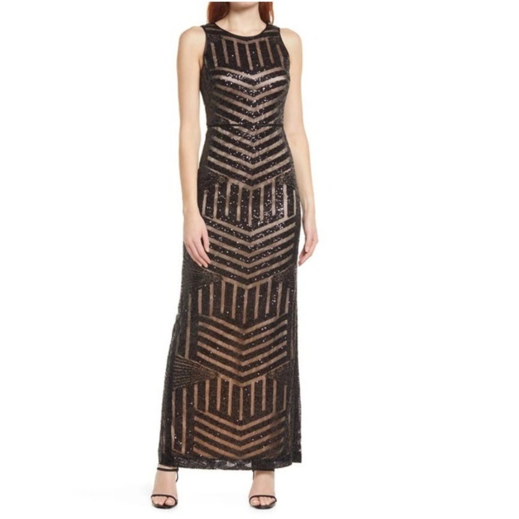 Nwt Vince Camuto Tan Black Fitted Sleeveless Gown Maxi Dress P